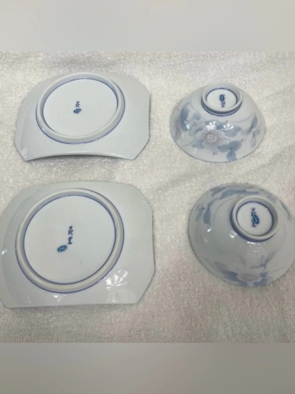 Vintage Japan White Blue Watercolor Rice Bowls + Plates + Chopstick Set of 2